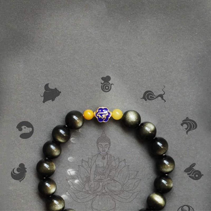 10mm Gold Sheen Obsidian Chinese Zodiac Protection Bracelet