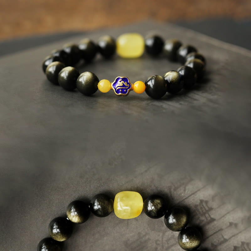 10mm Gold Sheen Obsidian Chinese Zodiac Protection Bracelet