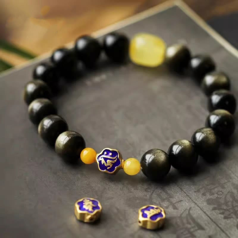 10mm Gold Sheen Obsidian Chinese Zodiac Protection Bracelet