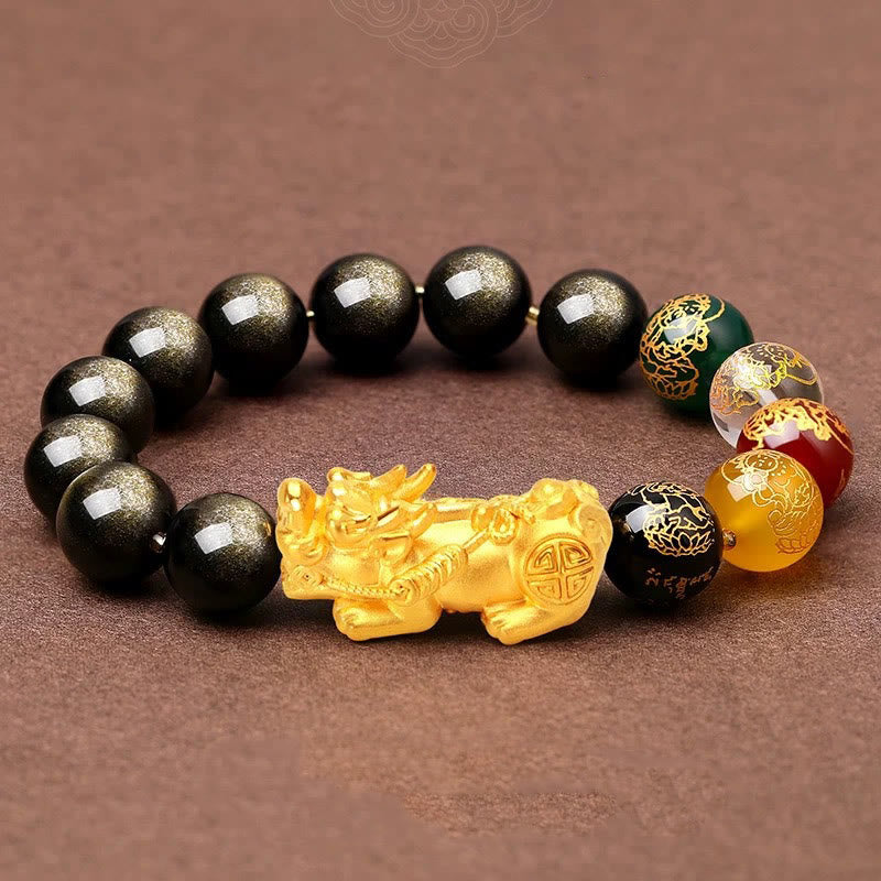 10mm Gold Sheen Obsidian Five Directions Gods of Wealth Protection Bracelet