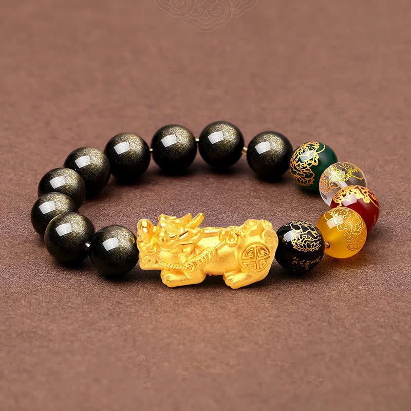 10mm Gold Sheen Obsidian Five Directions Gods of Wealth Protection Bracelet