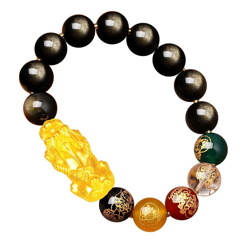 10mm Gold Sheen Obsidian Five Directions Gods of Wealth Protection Bracelet