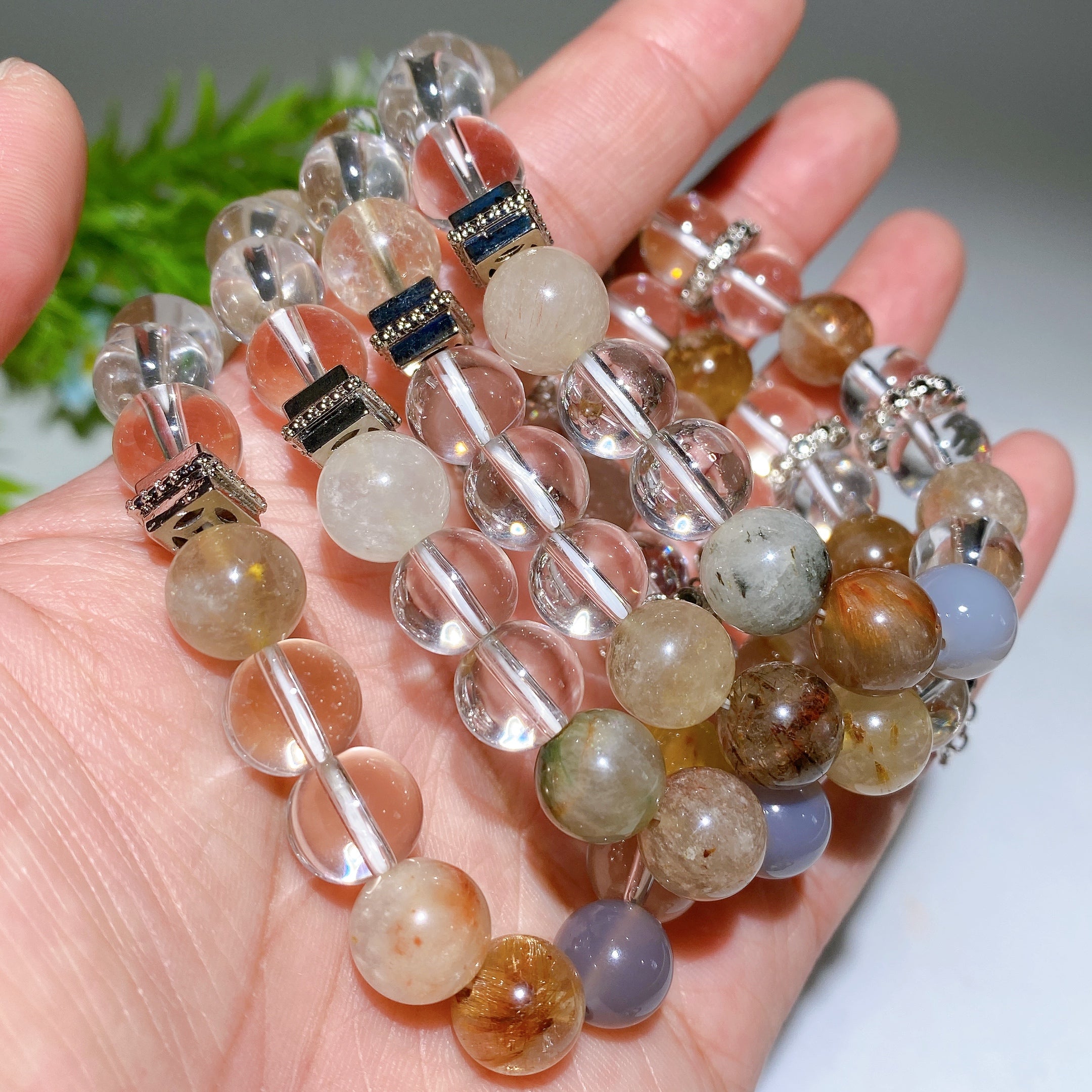 10mm Mixed Crystal Spiritual Bracelet with Chain Decor