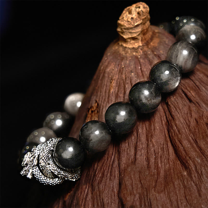 10mm Silver Sheen Obsidian Dragon Protection Bracelet