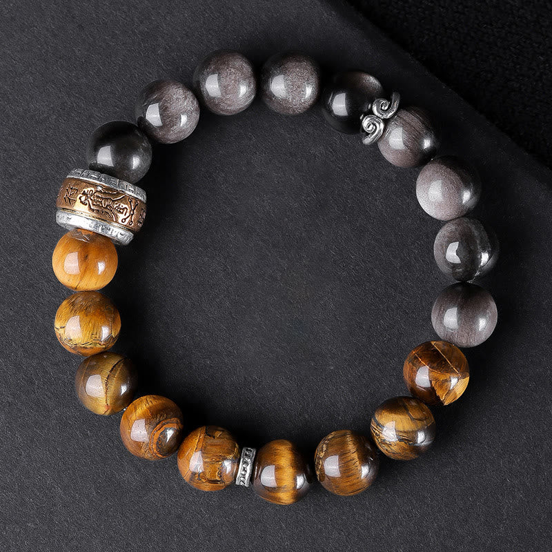10mm Silver Sheen Obsidian Tiger Eye Om Mani Padme Hum Bracelet