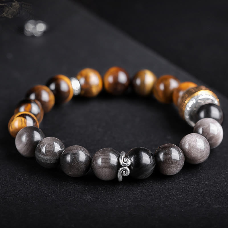 10mm Silver Sheen Obsidian Tiger Eye Om Mani Padme Hum Bracelet