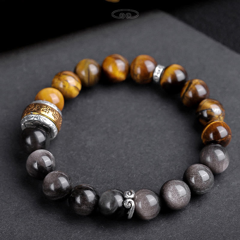 10mm Silver Sheen Obsidian Tiger Eye Om Mani Padme Hum Bracelet