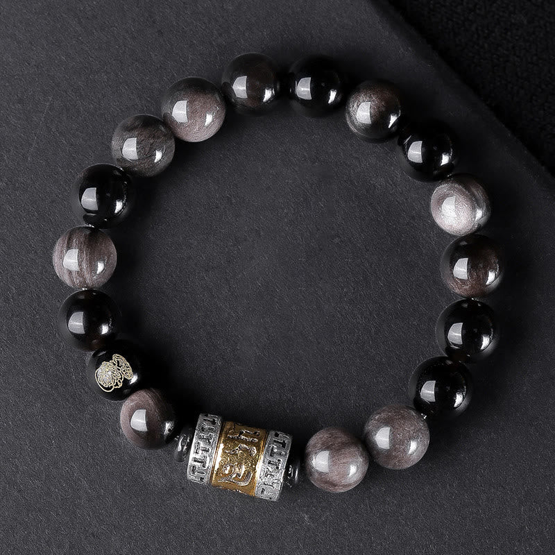 10mm Silver Sheen Obsidian Tiger Eye Om Mani Padme Hum Bracelet