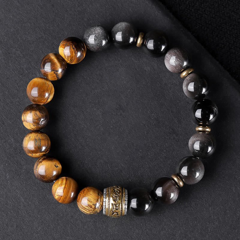 10mm Silver Sheen Obsidian Tiger Eye Om Mani Padme Hum Bracelet