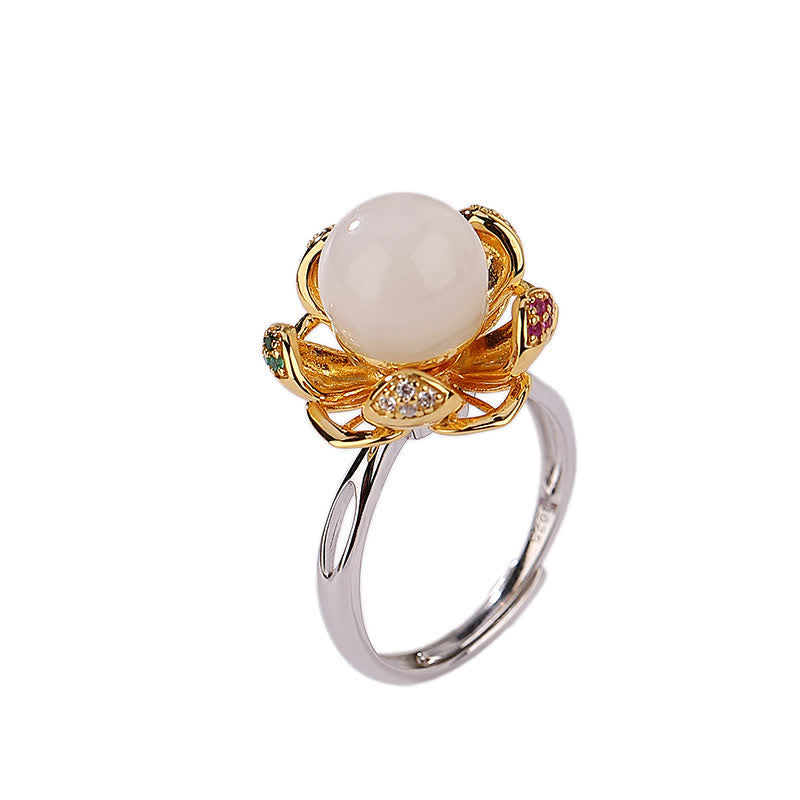 10mm White & Cyan Jade Lotus Flower Success Ring