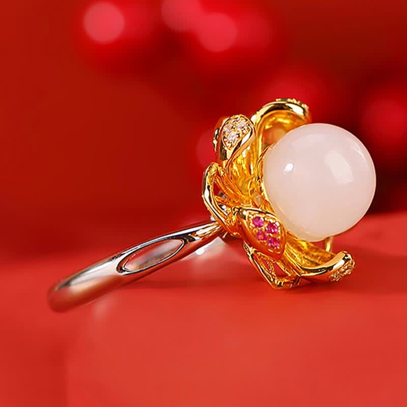 10mm White & Cyan Jade Lotus Flower Success Ring