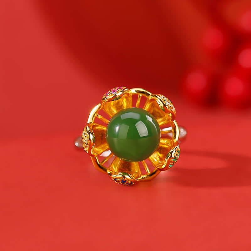 10mm White & Cyan Jade Lotus Flower Success Ring