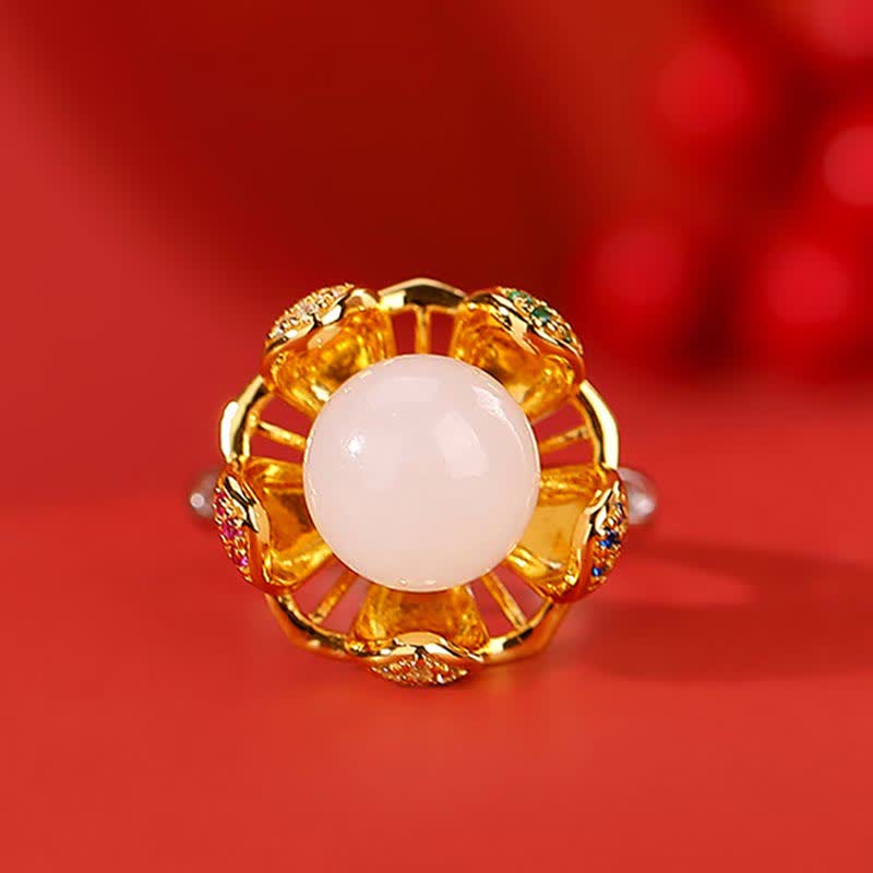 10mm White & Cyan Jade Lotus Flower Success Ring