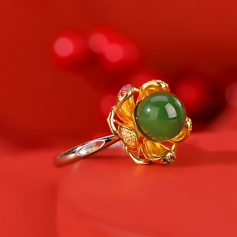 10mm White & Cyan Jade Lotus Flower Success Ring