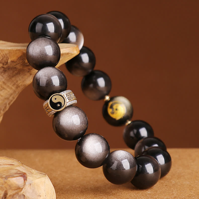 10mm Yin Yang Obsidian Protection Bracelet Sterling Silver