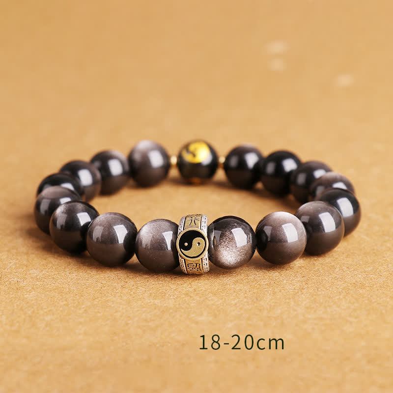 10mm Yin Yang Obsidian Protection Bracelet Sterling Silver