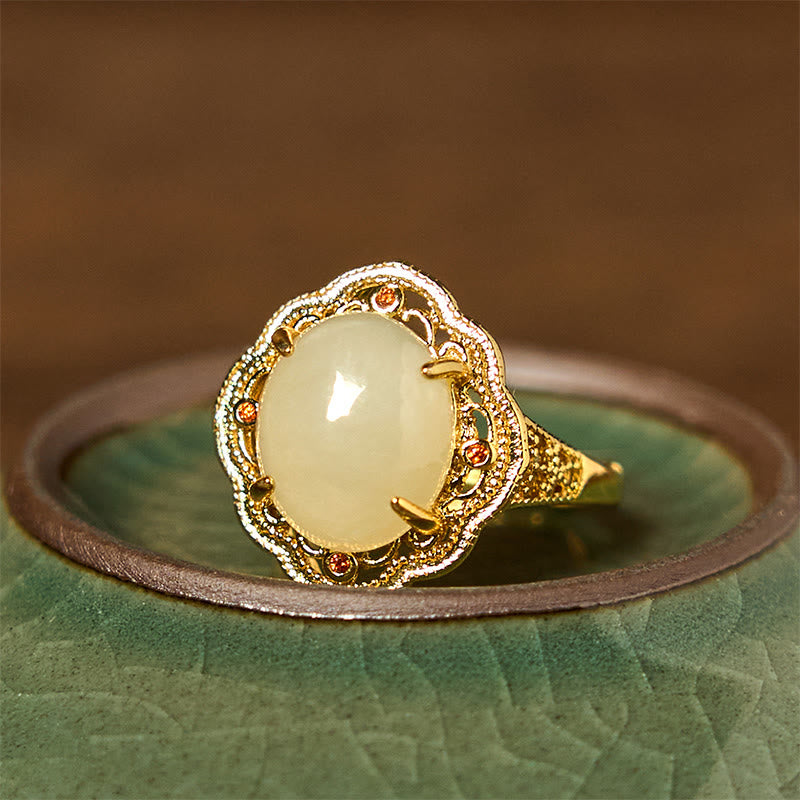 10x12mm Hetian Jade Vintage Egg Copper Open Luck Ring