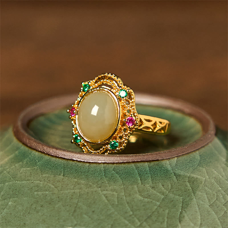 10x8mm Hetian Jade Hollow Pattern Open Luck Ring