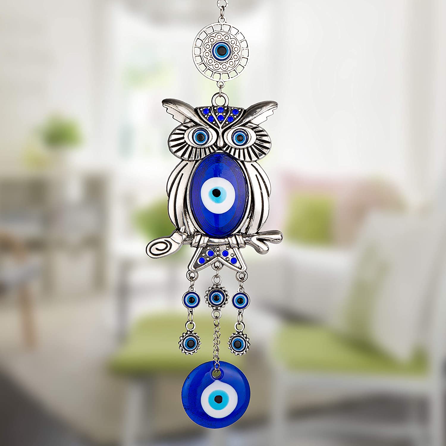 11.7-Inch Blue Evil Eye Owl Pendant Decoration for Protection