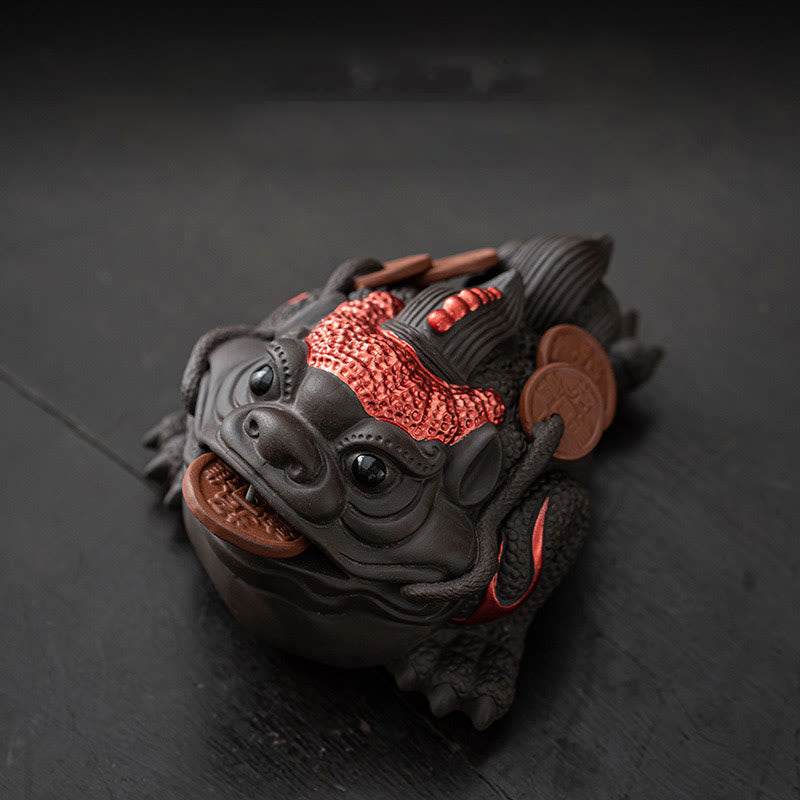 11cm Purple Clay Feng Shui Frog Figurine with Copper Coins