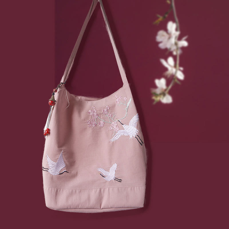 Canvas Tote Bag with Flower Crane & Plum Blossom Embroidery