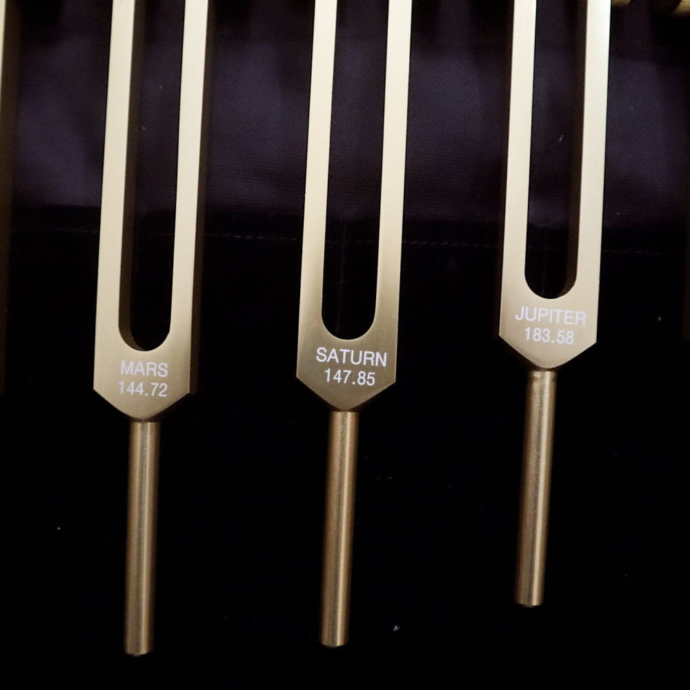 Metal tuning forks with frequency markings for the 11pc Planetary Tuning Fork Set