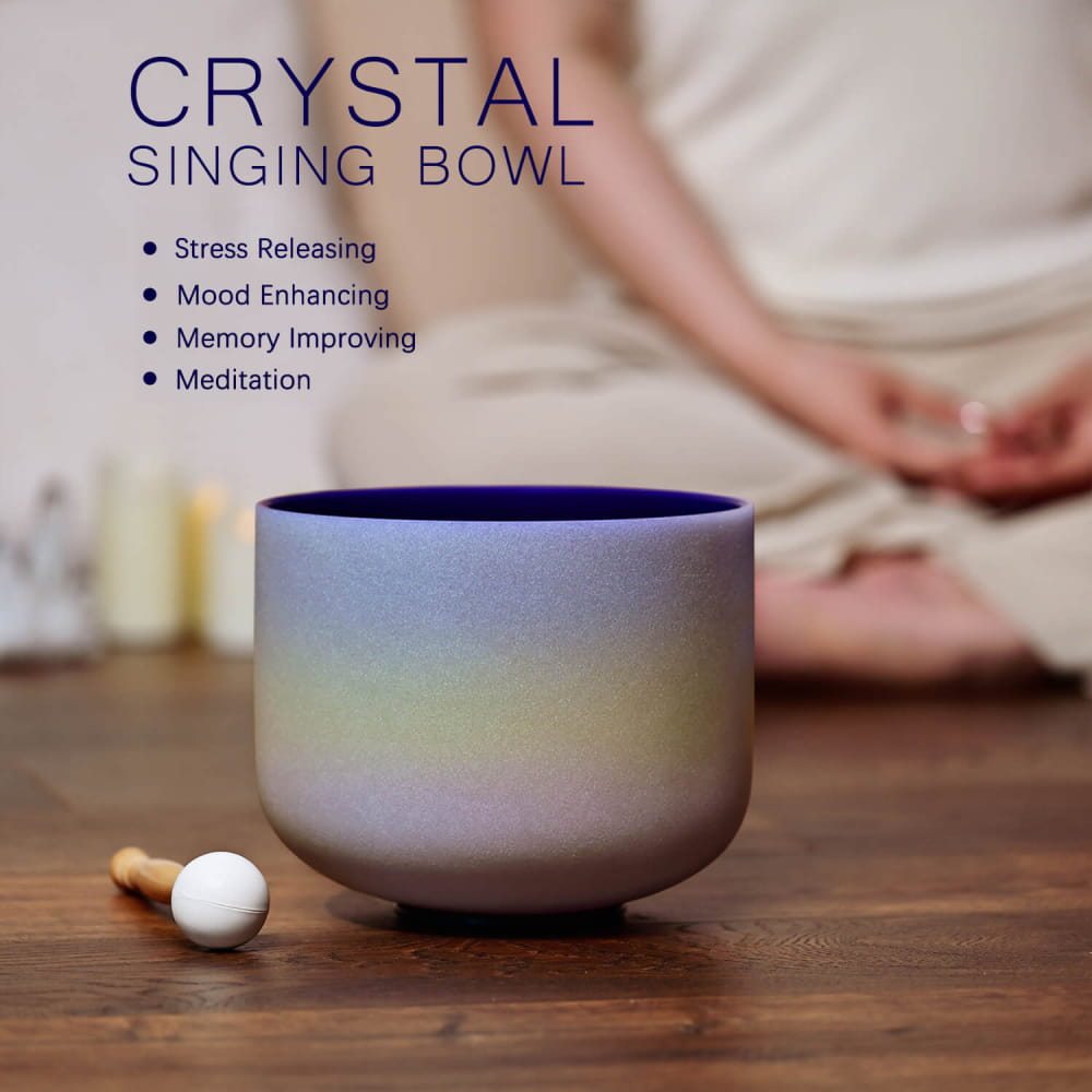 Crystal singing bowl with gradient blue-to-white coloring, 12’’ C Note Rainbow Color