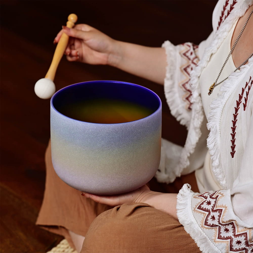 Gradient ceramic bowl with green liquid and white utensil, 12’’ C Note Rainbow Color