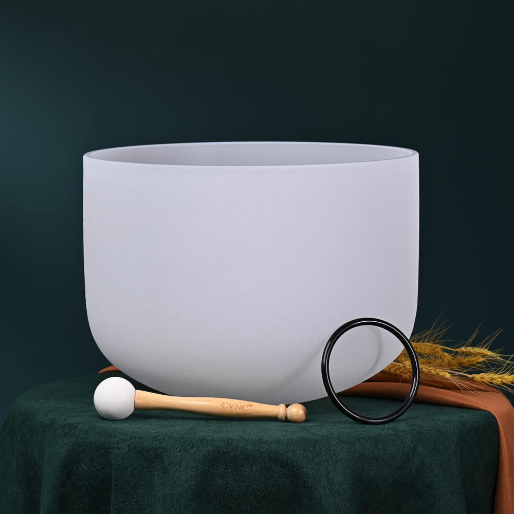 White Frosted Crystal Singing Bowl with Mallet for Meditation and Sound Healing