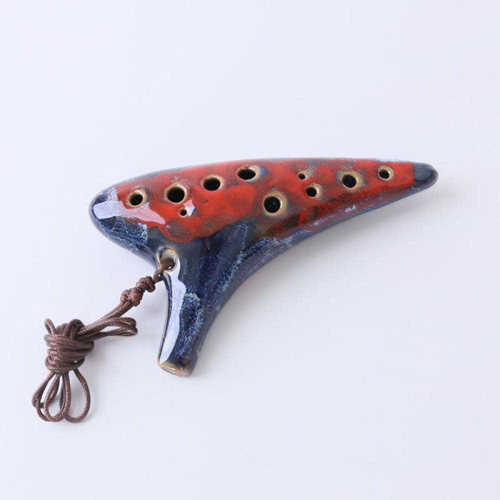 Red and blue ceramic 12 Hole Alto C Metal Style Ocarina with finger holes and cord