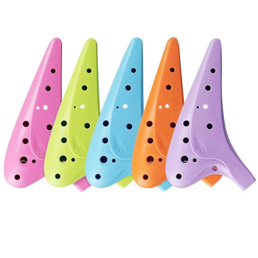 Five colorful plastic Ocarinas in a row for the 12 Hole Alto C Sweet Potato Ocarina Flute