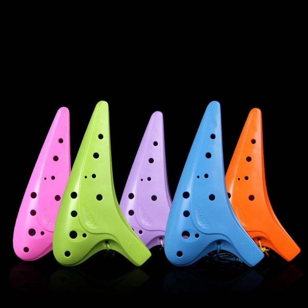 Five colorful plastic ocarinas in a row for 12 Hole Alto C Sweet Potato Ocarina Flute