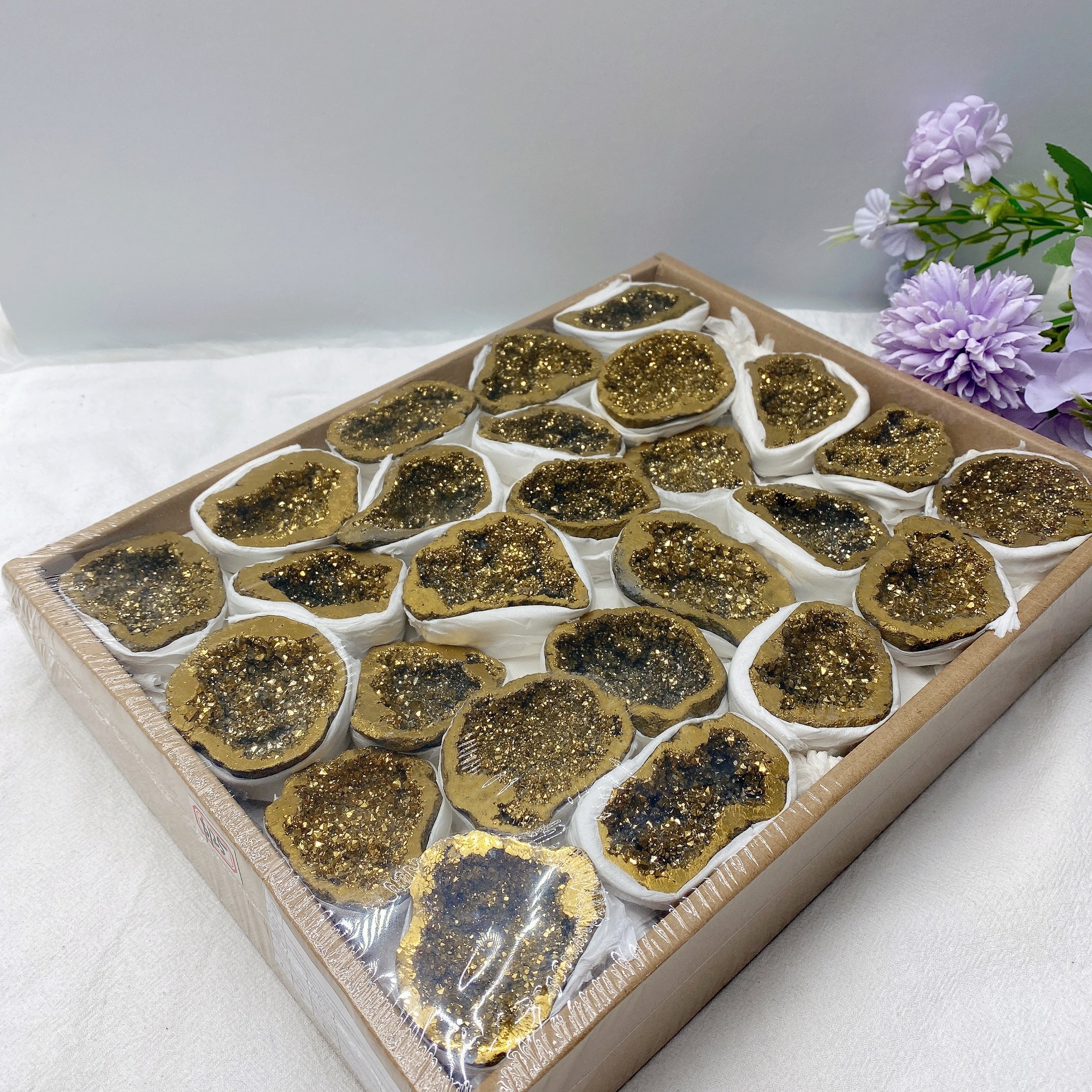 12-inch Aura Golden Druzy Agate Geode Specimen Box for Healing