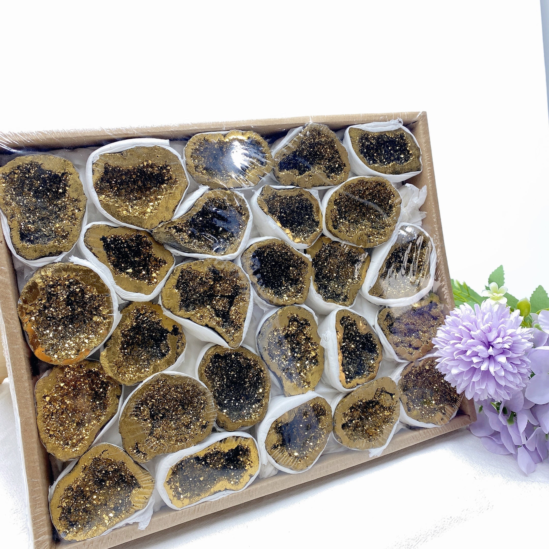 12-inch Aura Golden Druzy Agate Geode Specimen Box for Healing