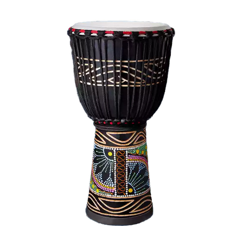 African Djembe Drum with Colorful Patterns and Black Leather Head, Handmade Mahogany Wood