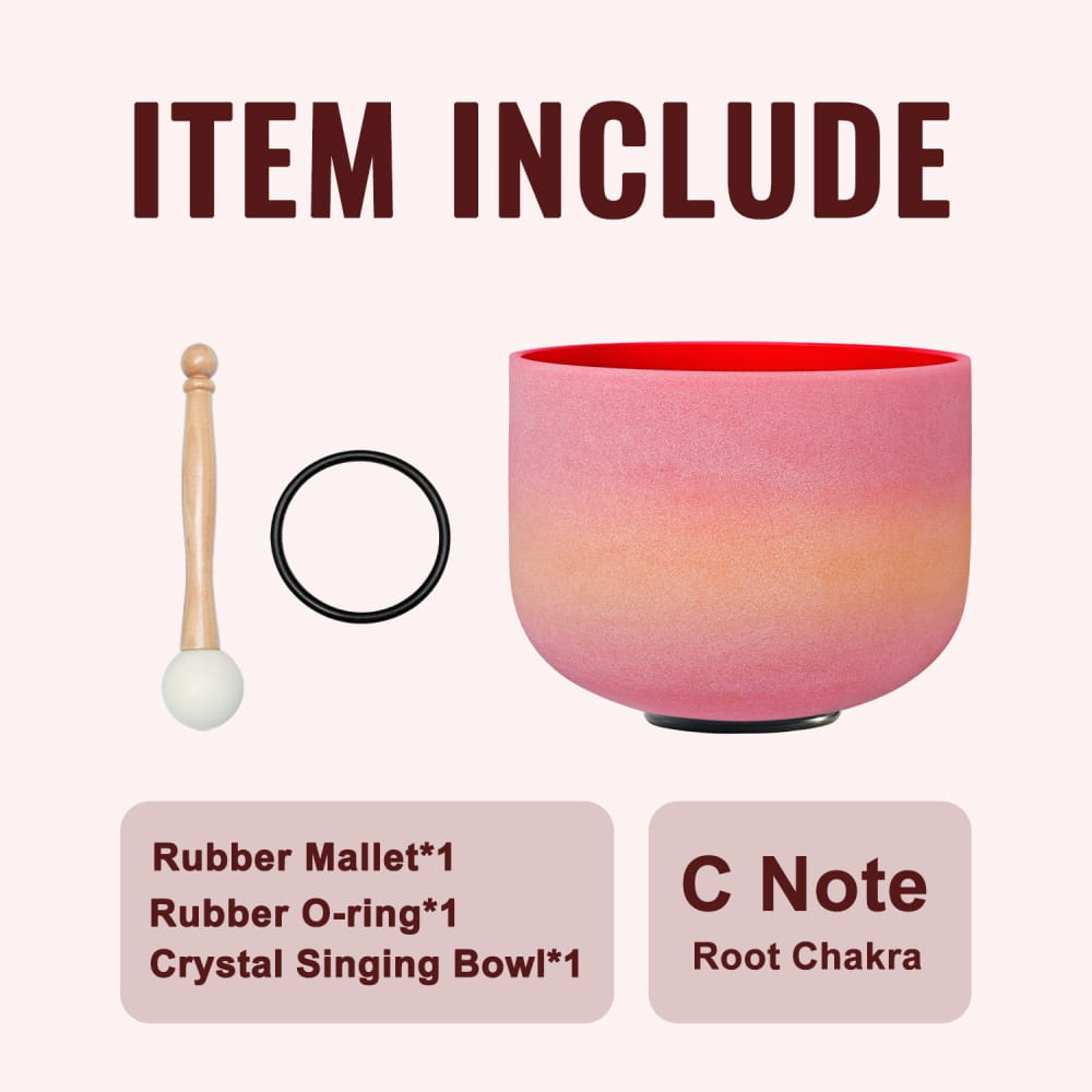 Crystal Singing Bowl set with mallet, O-ring, and C note for root chakra healing