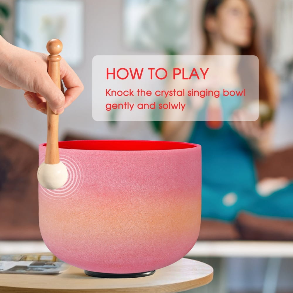 Pink Frosted Crystal Singing Bowl with Wooden Mallet from Rainbow Colored C Note collection