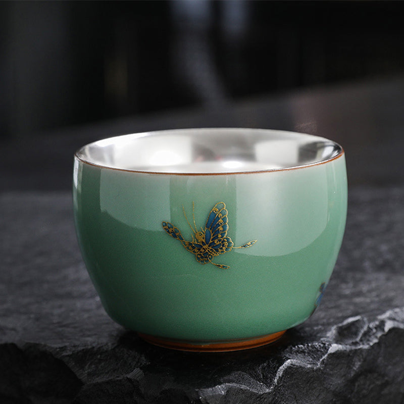 120ml Ceramic Tea Cup with Butterfly & Lotus Designs for Zen Decor