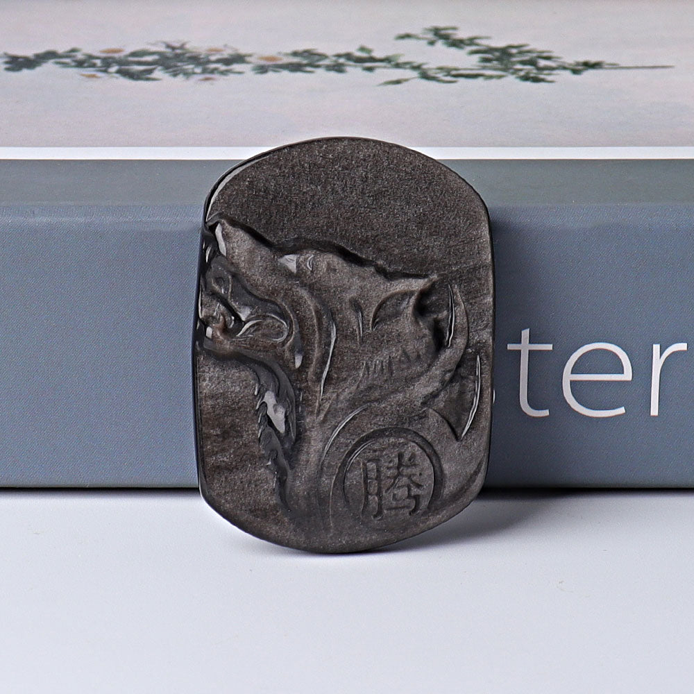 2 Inch Silver Obsidian Crystal Wolf Carving Sculpture