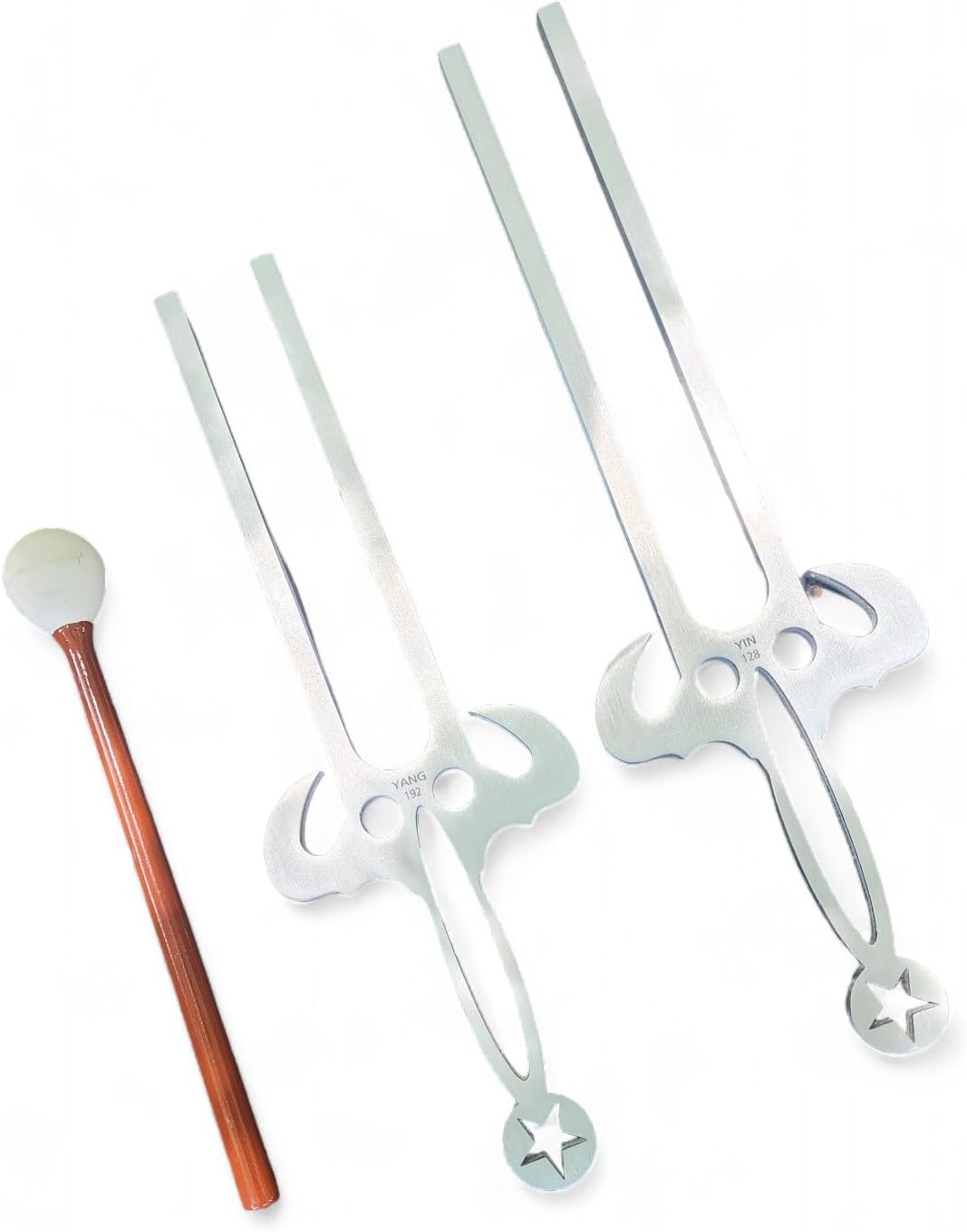 White plastic chopsticks and guides with wooden mallet for tuning forks set