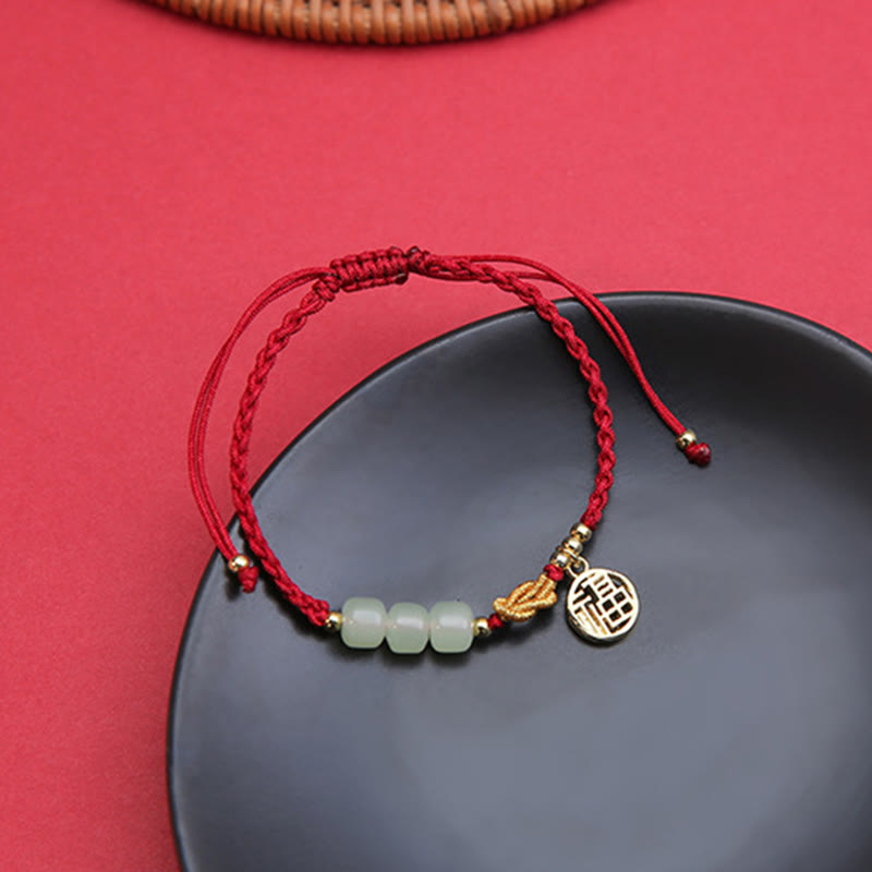 Jade Bead Bracelet with Fu Charm on Red Rope for Luck & Prosperity
