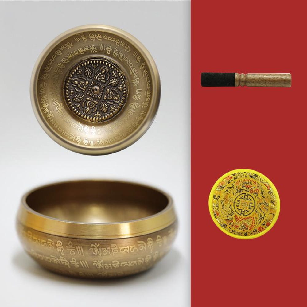 Tibetan singing bowl with ornate patterns and engravings for meditation and sound healing