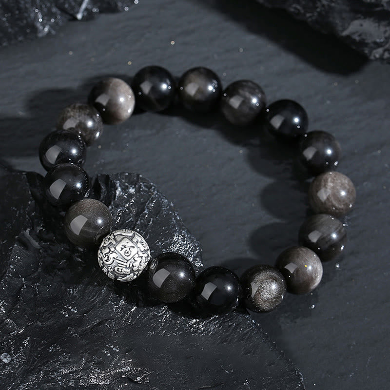 12mm Black Obsidian Fu Character Bracelet