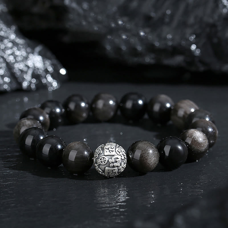 12mm Black Obsidian Fu Character Bracelet