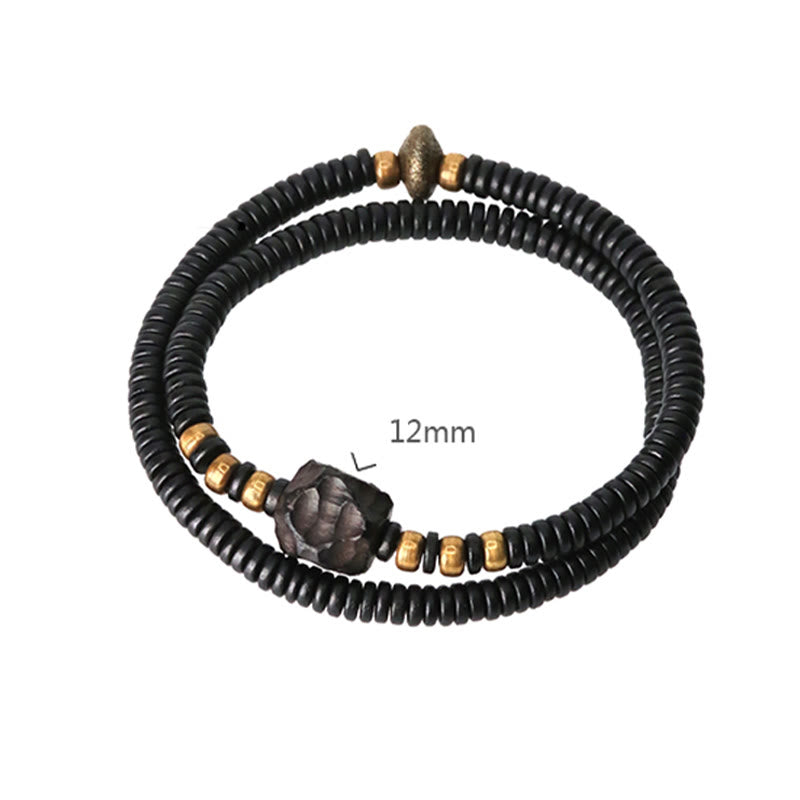 12mm Ebony Wood Brass Peace Double Wrap Bracelet