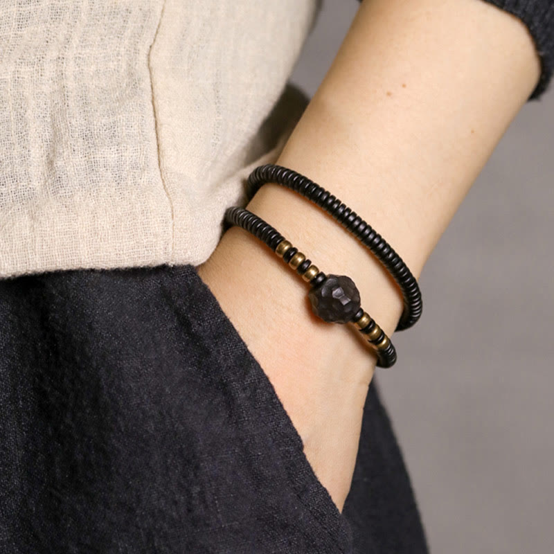 12mm Ebony Wood Brass Peace Double Wrap Bracelet
