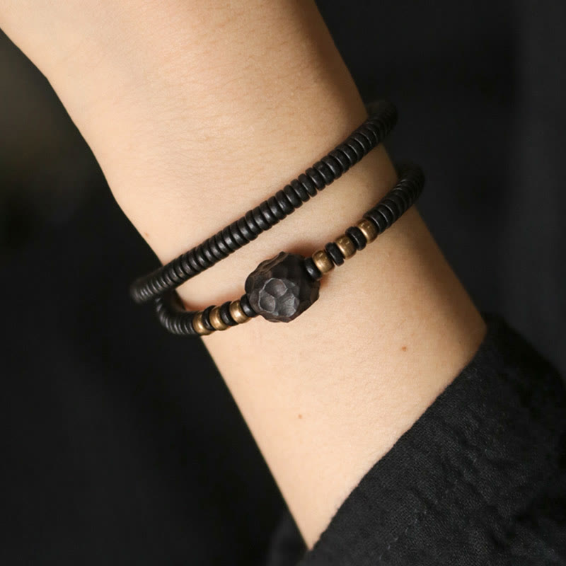 12mm Ebony Wood Brass Peace Double Wrap Bracelet