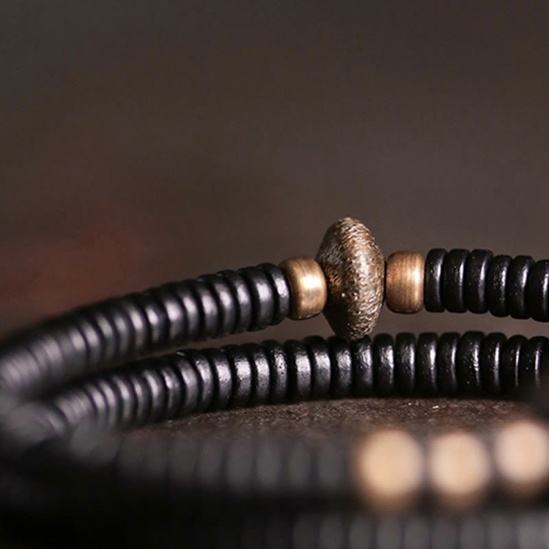 12mm Ebony Wood Brass Peace Double Wrap Bracelet