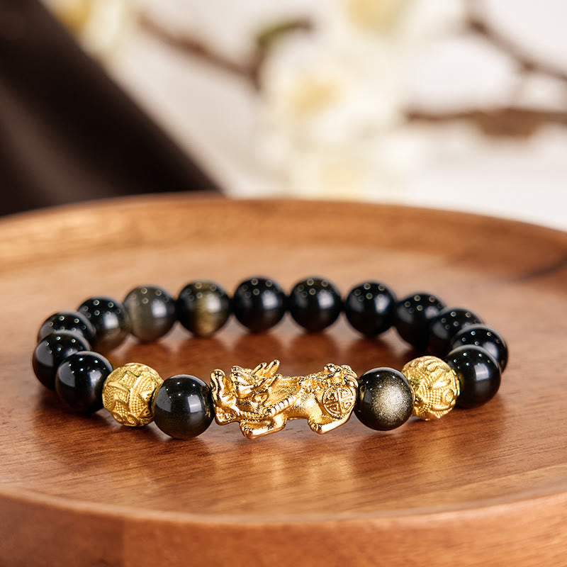 12mm Gold Sheen Obsidian Pixiu Om Mani Padme Hum Wealth Bracelet
