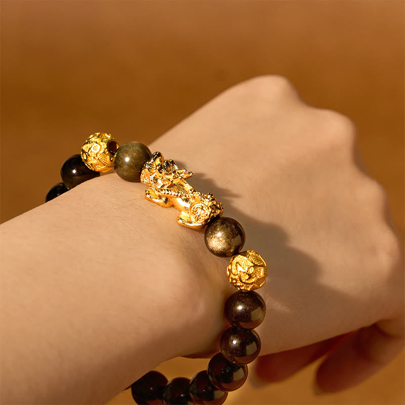 12mm Gold Sheen Obsidian Pixiu Om Mani Padme Hum Wealth Bracelet